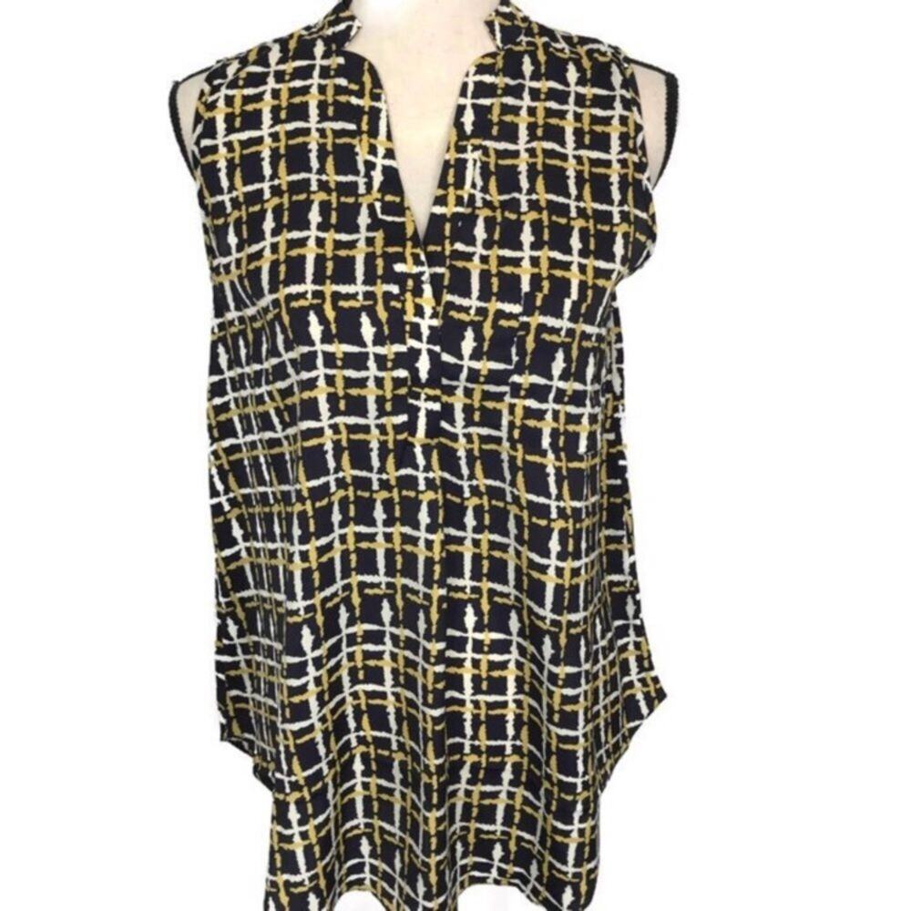 Tea n Rose Sleeveless Blouse Multicolor Checkered V-Neck Pocket Women's Size Med